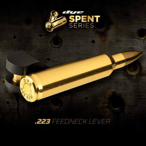 Brand new gold and black DYE FEEDNECK LEVER - SPENT .223 aluminum paintball marker upgrade accessory.