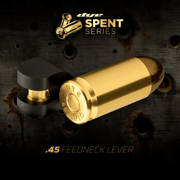 Brand new gold and black DYE FEEDNECK LEVER - SPENT .45 aluminum paintball marker upgrade accessory.