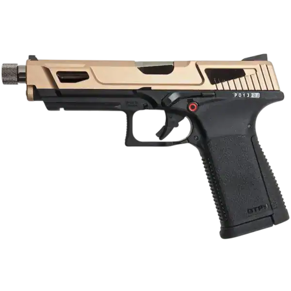 G&G GTP9 MS gas blowback airsoft pistol with desert tan slide and black frame.