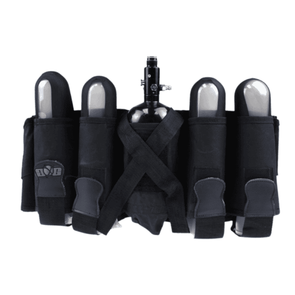 GXG 4+1 Vertical Pack Black tactical paintball harness with tank pouch.