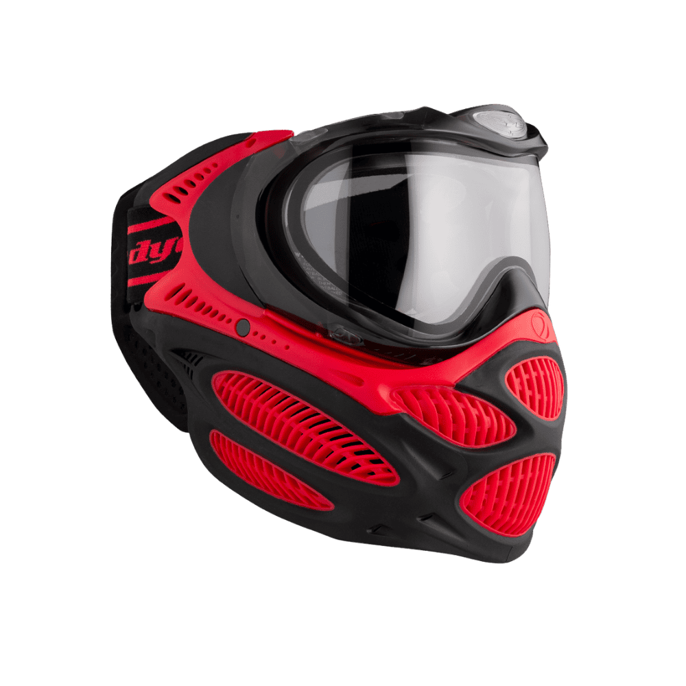DYE brand i3 Pro Goggle mask in Fire Red with anti-fog thermal lens for paintball.