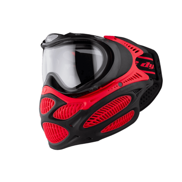 DYE brand i3 Pro Goggle mask in Fire Red with anti-fog thermal lens for paintball.