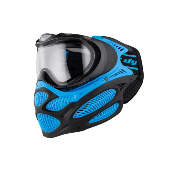 DYE brand i3 Pro Goggle mask in Glacier Cyan with anti-fog thermal lens for paintball.