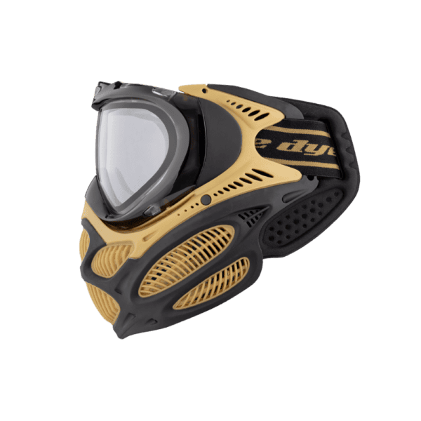 DYE brand i3 Pro Goggle mask in Heritage Gold with anti-fog thermal lens for paintball.