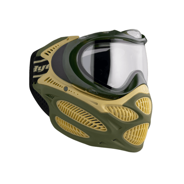 DYE brand i3 Pro Goggle mask in Tac Olive with anti-fog thermal lens for paintball.