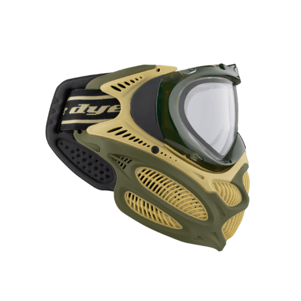 DYE brand i3 Pro Goggle mask in Tac Olive with anti-fog thermal lens for paintball.
