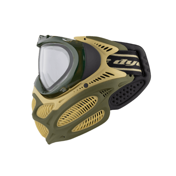 DYE brand i3 Pro Goggle mask in Tac Olive with anti-fog thermal lens for paintball.