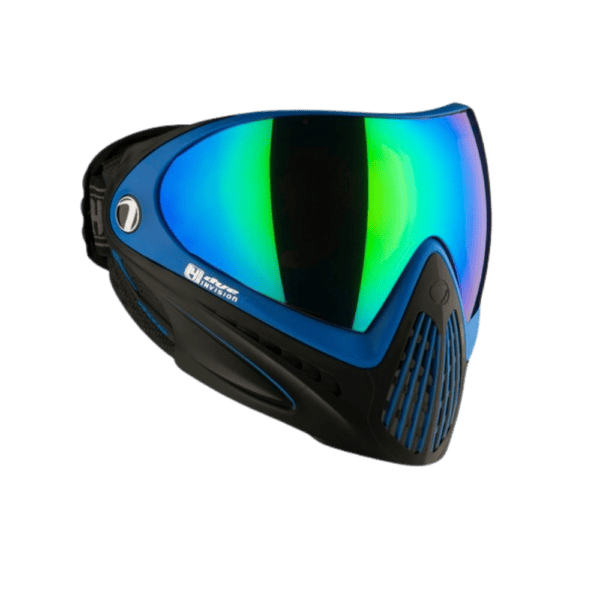 DYE i4 Pro Goggles Seatec Black Blue thermal paintball mask profile view.