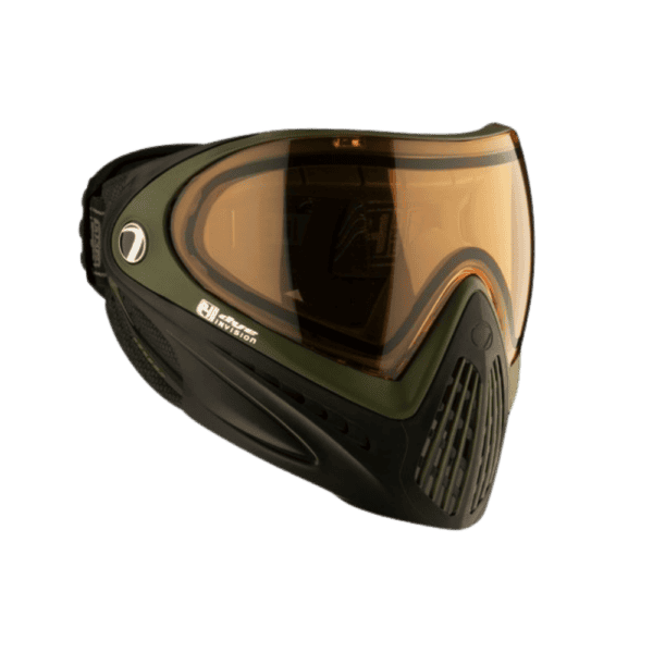 DYE brand i4 Pro Goggle paintball mask in SRGNT Black/Olive with anti-fog thermal lens.