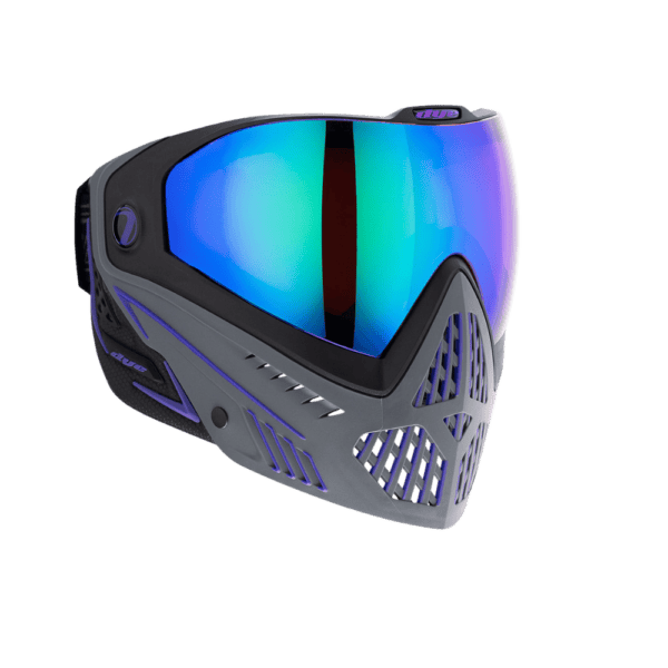 DYE brand i5 Thermal Paintball Goggle mask in Barney purple with a gold mirror lens.