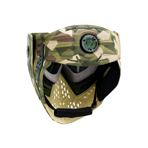 DYE brand i5 Thermal Paintball Goggle mask in CB Forest Camo with Smoke Gold lens.