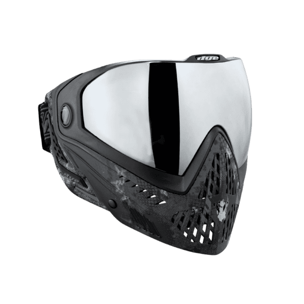 DYE brand i5 Thermal Paintball Goggle mask in Dyecam Black Fade with Faded Bronze Sunrise lens.
