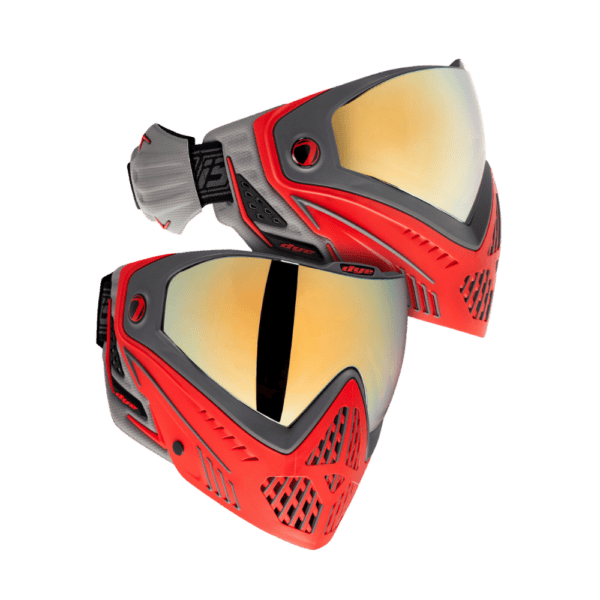 DYE i5 Goggle Shadow Fire gold mirror lens thermal paintball mask profile view.