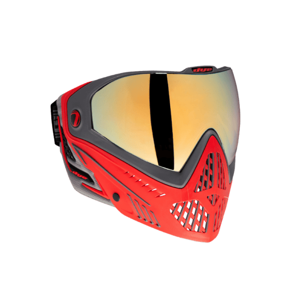 DYE i5 Goggle Shadow Fire gold mirror lens thermal paintball mask profile view.
