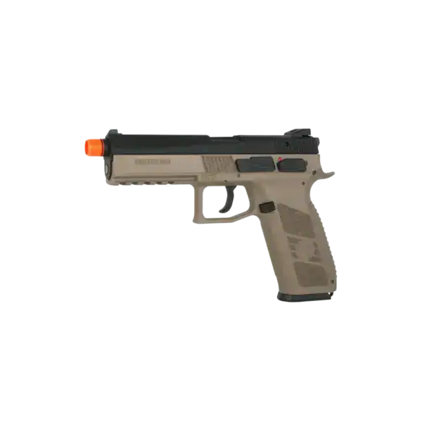 ActionSportGames CZ P-09 CO2 blowback airsoft pistol in dual-tone Flat Dark Earth finish.