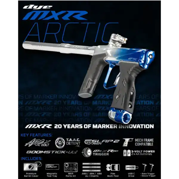 DYE MXR electronic paintball marker in Arctic Clear Blue Fade Polish finish.