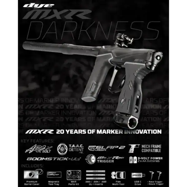 DYE MXR electronic paintball marker in Darkness Black Black Dust finish.