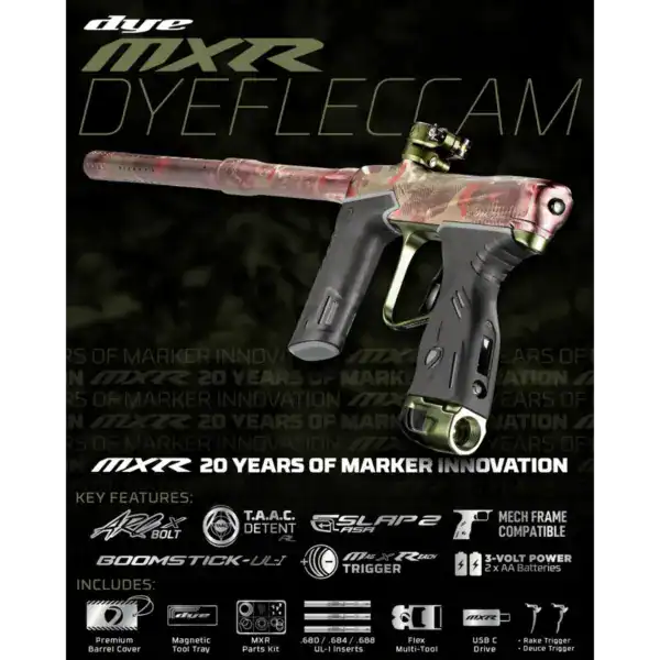 DYE MXR electronic paintball marker in PGA Dyeflectarn Camo Dust finish.