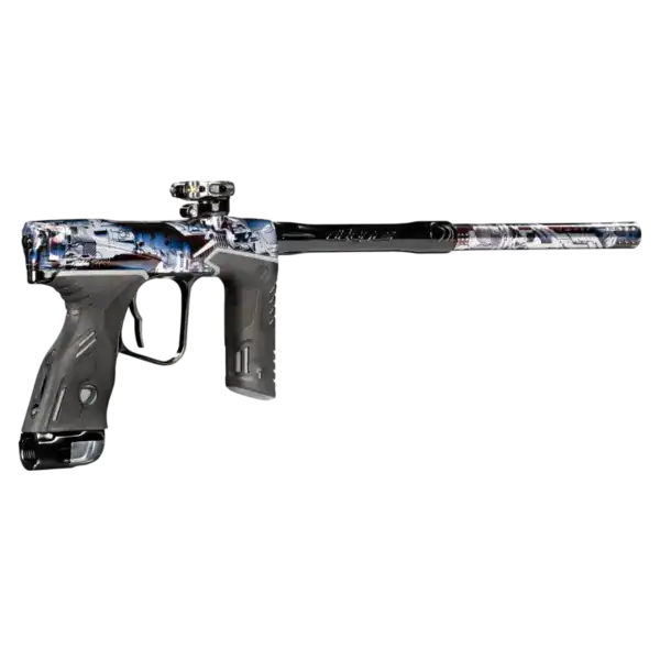 DYE MXR electronic paintball marker in PGA Deathstar Black Blue Gray Polish finish.