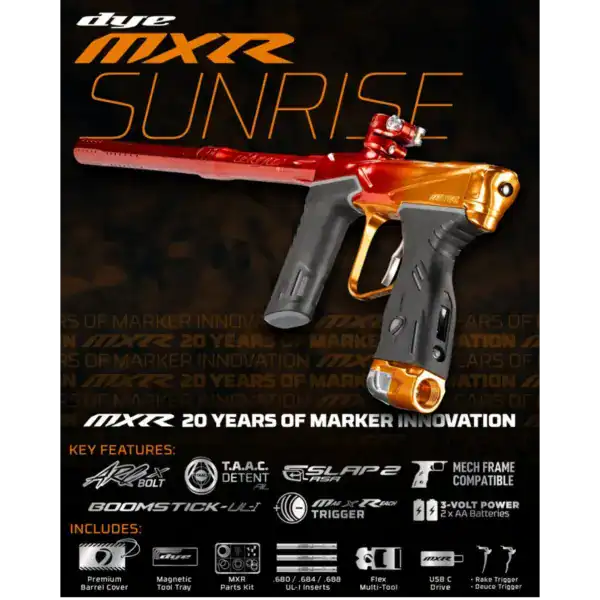 DYE MXR electronic paintball marker in Sunrise Fade red orange polish finish.