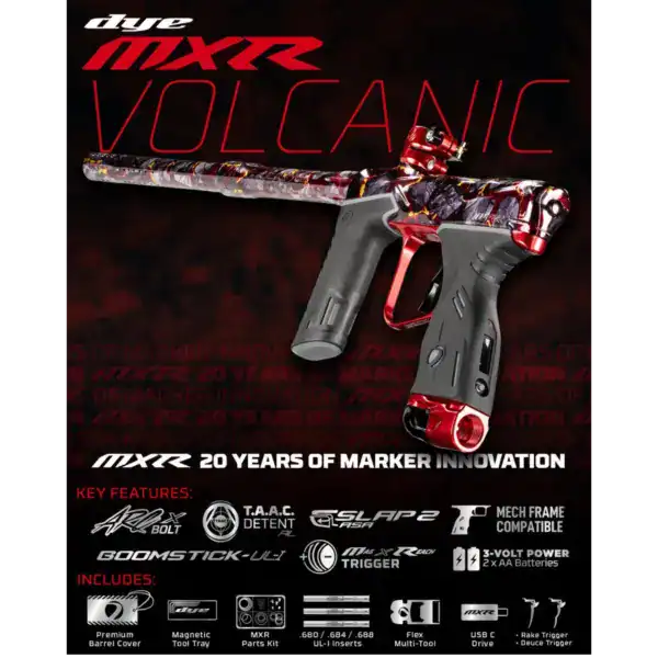 DYE MXR electronic paintball marker in PGA Volcanic Black Red Polish finish.