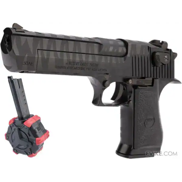 Cybergun Desert Eagle Gas Blowback airsoft pistol in Black Tigerstripe finish with drum magazine.