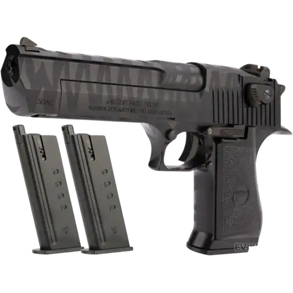 WE-Tech Desert Eagle gas blowback airsoft pistol in Black Tigerstripe with two spare magazines.