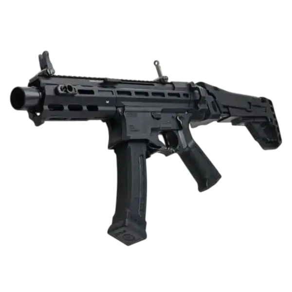G&G MXC9 Enhanced electronic black tactical airsoft carbine rifle.