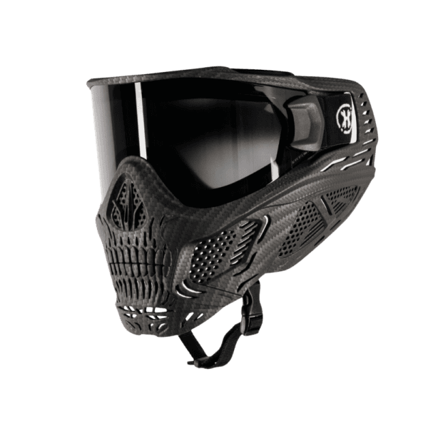 HK Army HSTL Skull Goggle System mask in Carbon Fiber Black for paintball and airsoft protection.