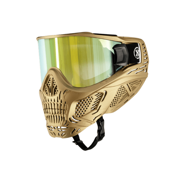 HK Army HSTL Skull Goggle System mask in Metallic Gold for paintball and airsoft protection.