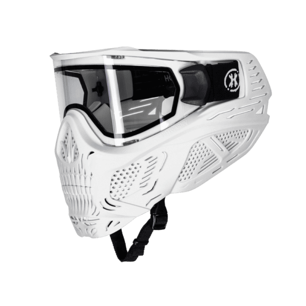 HK Army HSTL Skull Goggle System mask in White with clear lens for paintball protection.