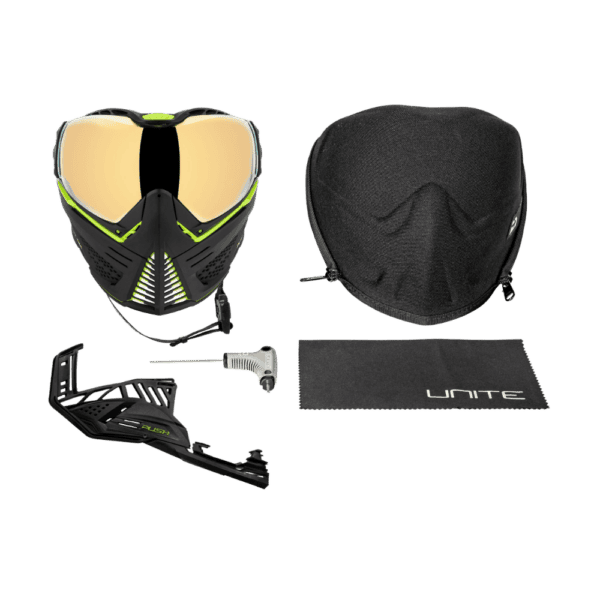 Push Unite Goggle Mk II Reactor black green mask with gold lens for paintball.