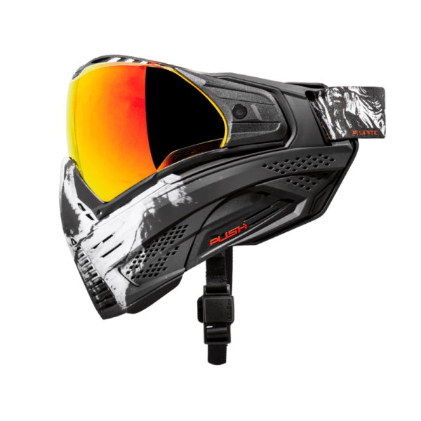Push Unite Goggle Mk II Warlord Viper black and white skull mask with red lens for paintball.