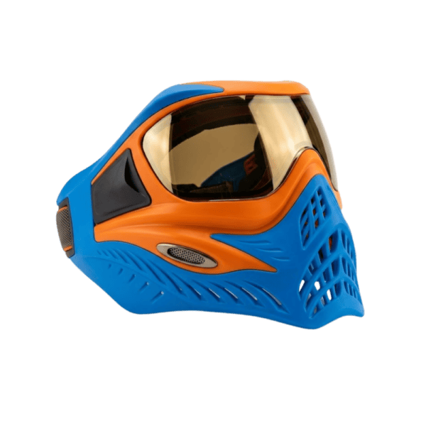 VForce Grill Orange on Blue paintball mask with low profile ThermoCured anti-fog lens.