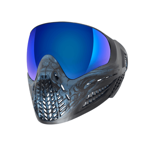 Virtue VIO Ascend Goggle Cyan Skull paintball mask with dual pane thermal lens.