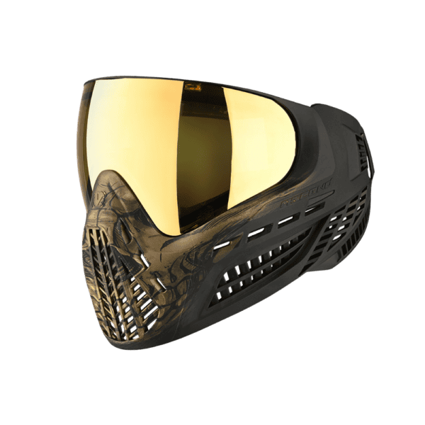 VIO Ascend Goggle Gold Skull LE paintball mask featuring a 100% flexible face shield and a thermal lens.