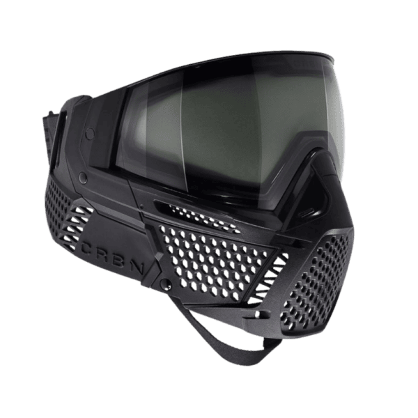 ZERO goggle black less coverage paintball mask with thermal lens and standard clip chin strap.