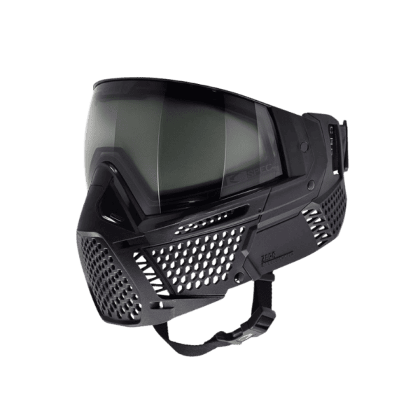 ZERO goggle black less coverage paintball mask with thermal lens and standard clip chin strap.