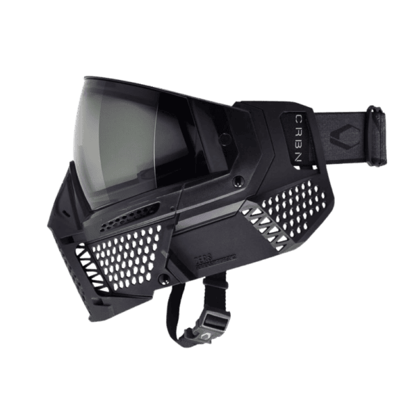 ZERO goggle black less coverage paintball mask with thermal lens and standard clip chin strap.