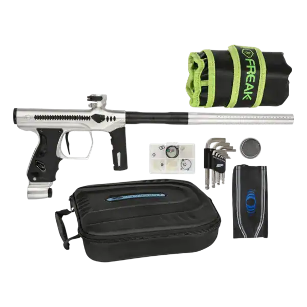 DLX Method Shocker ERA White and Black paintball marker with full Freak XL barrel kit and case.