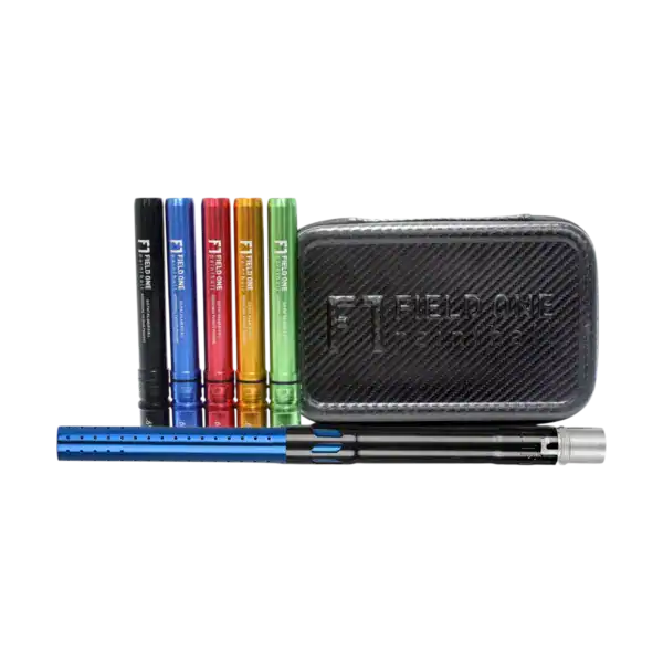 Field One Acculock Paintball Barrel Kit in gloss black and gloss blue with colorful inserts.