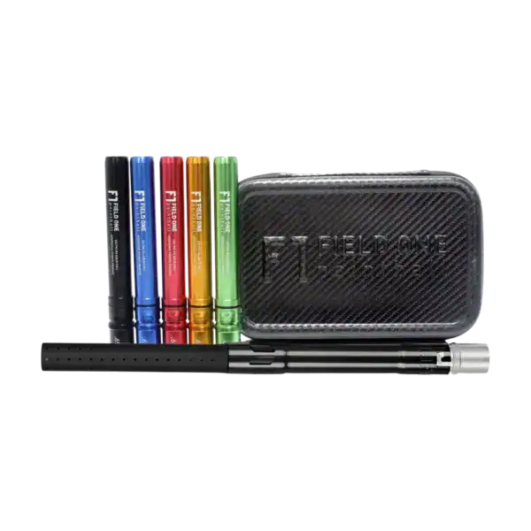Field One Acculock Paintball Barrel Kit in gloss black and dust black with colorful inserts.