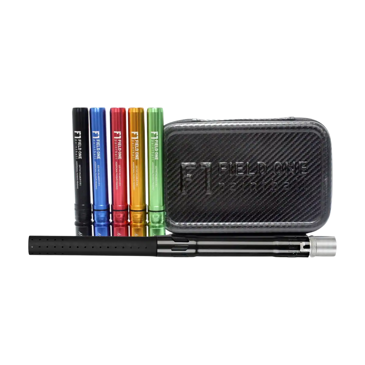 Field One Acculock Paintball Barrel Kit in gloss black and dust black with colorful inserts.
