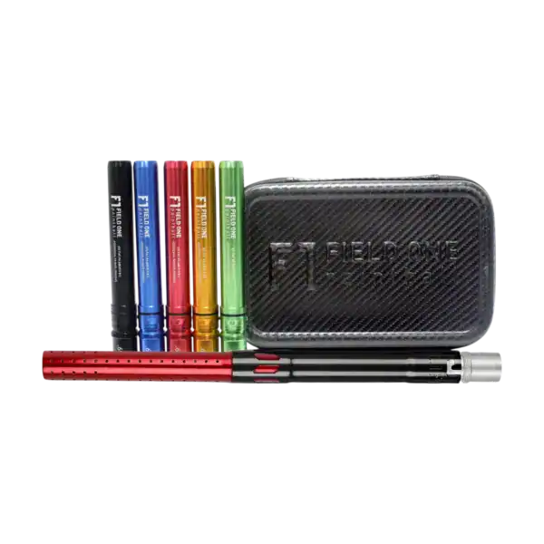 Field One Acculock Paintball Barrel Kit in gloss black and gloss red with colorful inserts.