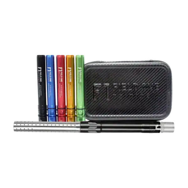 Field One Acculock Paintball Barrel Kit in gloss black and gloss silver with colorful inserts.