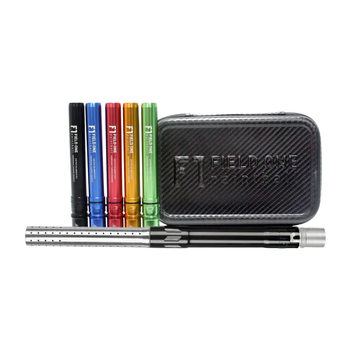 Field One Acculock Paintball Barrel Kit in gloss black and gloss silver with colorful inserts.