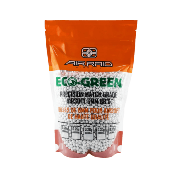 Air Raid Eco-Green Precision Match Airsoft Ammo for tactical paintball cross-training.