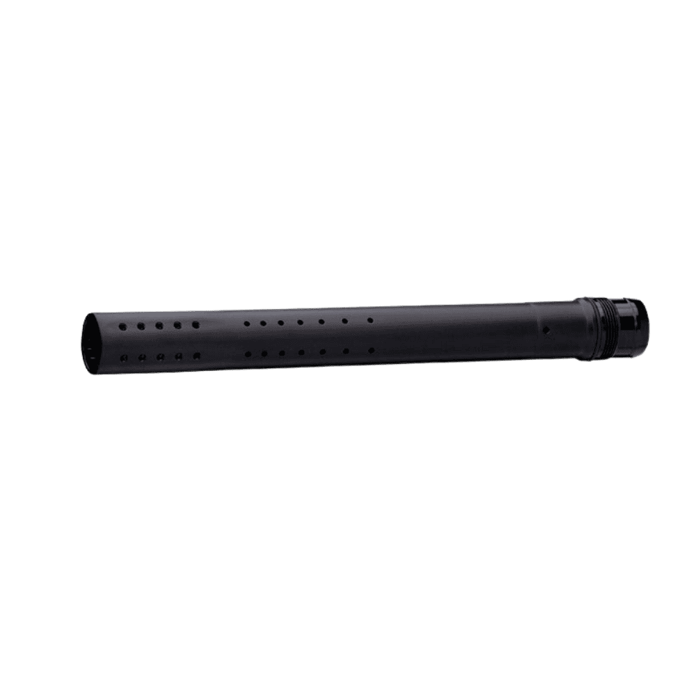 DYE Boomstick UL-I Tip 14 Black Dust progressive porting paintball barrel front.