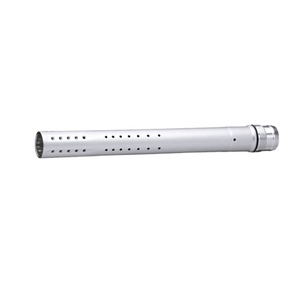 DYE Boomstick UL-I Tip 14 Clear Dust progressive porting paintball barrel front.
