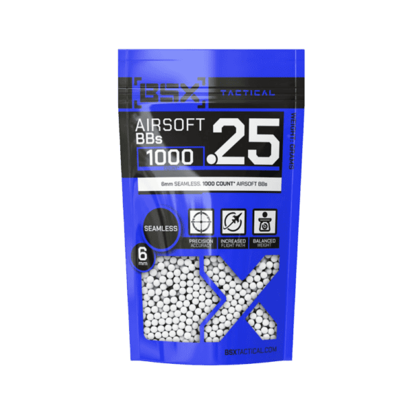 BSX BBs 0.25g 1000 White seamless precision paintball training ammunition.